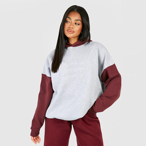 Sudadera con capucha de gran tamaño personalizada para mujer, jersey de lana gris claro con mangas granate y capucha, ropa informal cómoda, top de moda - Product Image 1