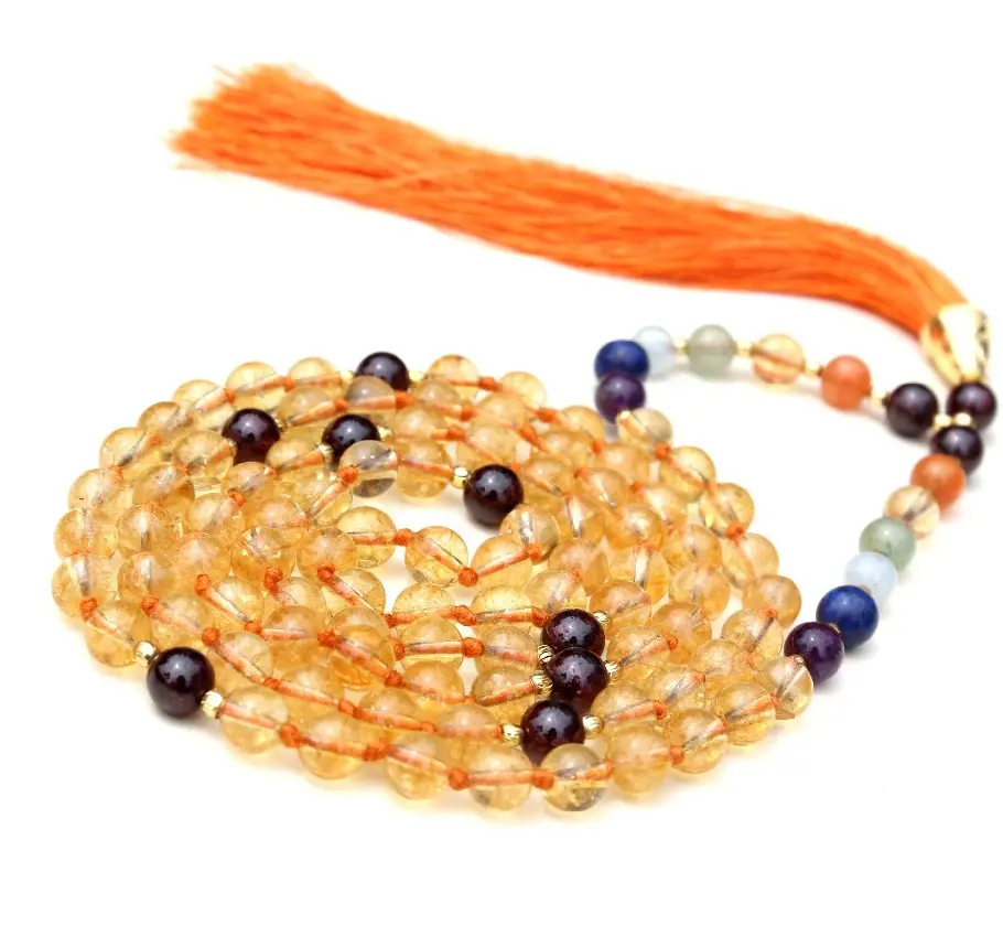 Énergisé béni Pulsera 7 Chakra Yoga bijoux Citrine Quartz 108 noué perles Mala colliers de perles d'artiste indien faits à la main