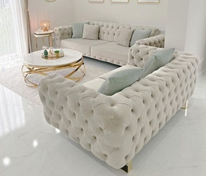 Bộ ghế <span class=keywords><strong>sofa</strong></span> phòng khách da thật cao cấp thiết kế Chesterfield sang trọng hoàng gia chân vàng DREAMLIKE - Product Image 3