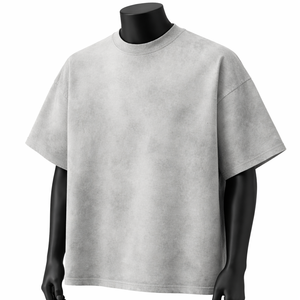 Camiseta Oversize Personalizada Gris Claro Lavado para Hombre, Estilo Vintage, Lisa, de Algodón, Manga Corta, Casual, de Moda, con Ribete - Product Image 3