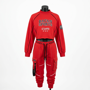 Ensemble haut court et pantalon cargo en molleton de coton et polyester 320 GSM premium, design à panneaux rouges, logo personnalisé imprimé, pour femme - Product Image 4