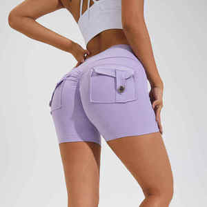 Shorts de yoga taille haute pour femmes, séchage rapide, effet lifting des fesses, motif uni couleur pêche nude, pantalon de sport fitness avec poches - Product Image 6