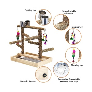 Parc de jeux en bois pour l'entraînement et le jeu des oiseaux, avec perchoir pour perroquet, structure d'escalade, plateau amovible et mangeoires en acier inoxydable - Product Image 3