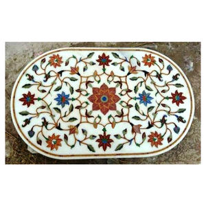 Personnaliser nouvel arrivage 2022 meilleure qualité marbre blanc pur forme ovale pierres naturelles semi-précieuses incrustées travail Table à manger - Product Image 1