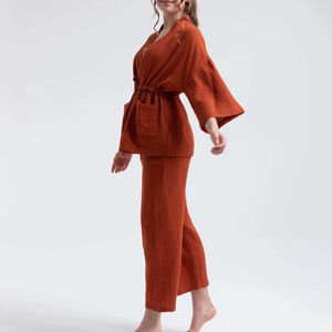 Open Front Crinkle Cotton Kimono Robe Drawstring Boho <b>Cardigan</b> Regular Fit Summer Layer Pleated Daily Wear Short Solid Washed - Product Image 1