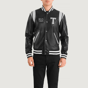 <b>Men's</b> PU Leather Varsity <b>Jacket</b> Preppy Style Turn-down Collar Single Breasted <b>Letter</b> T Patch Design Black White Stripes - Product Image 1