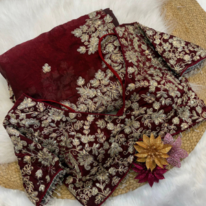 เสื้อเบลาส์สุดหรูสำหรับสตรีชุดปาร์ตี้งานแต่งงานงานส่าหรีผ้าซาตินสีแดงเครื่องแต่งกายแฟนซีล่าสุดของเรา - Product Image 1