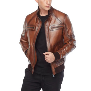 แจ็กเก็ตหนังสีน้ำตาลเอวสูงแบบลำลองสำหรับผู้ชายเสื้อแจ็กเก็ตหนังสไตล์สตรีทแบบออกแบบได้ตามต้องการ - Product Image 4