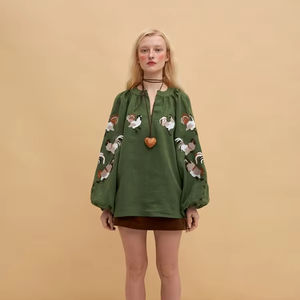 Vente chaude ethnique Vintage paysan broderie robe mexicaine 100% coton en gros prix usine bleu large col en v tunique robe - Product Image 1