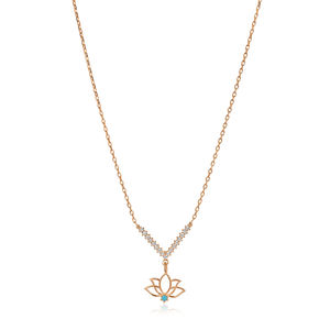 Zircon Stone Shape Lotus Design Trendy Engagement Wedding Party Charm <b>Necklace</b> Turkish <b>Handmade</b> Gold Plated 925 Sterling <b>Silver</b> - Product Image 3