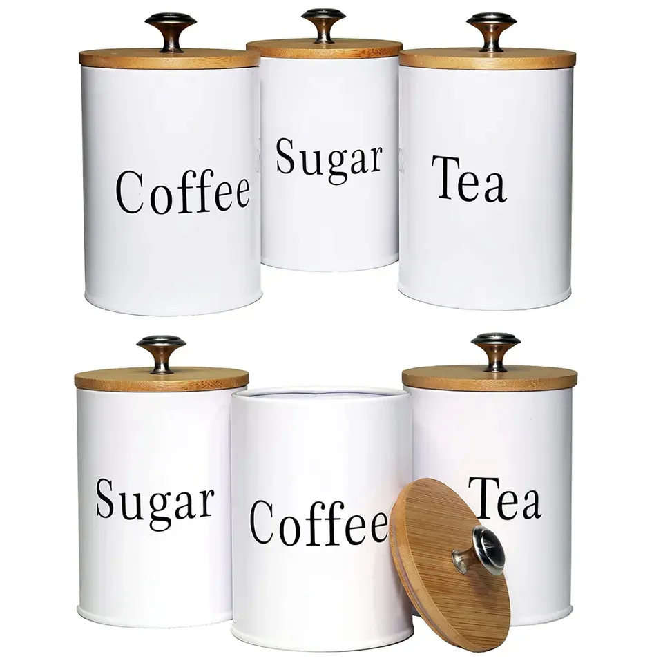 대나무 뚜껑 주방 빵 상자 빈 금속 커피 설탕 차 용기 세트 금속 식품 저장 상자