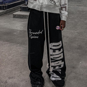 Custom Rhinestone Screen Printed <b>Baggy</b> Wide Leg Sweat Pants Oversized Mid Waist Cotton Knit <b>Jogger</b> Trousers Dark Wash Casual - Product Image 3