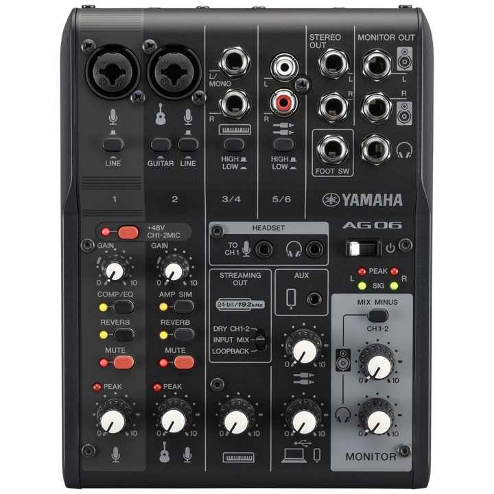 Yamaha AG06 audio interface mixer with dual mic inputs and effects for streaming and recording  with loopback and effects