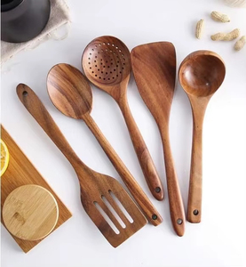 Juego de utensilios de cocina de madera de teca natural con soporte. Utensilios de Cocina de Madera Antiadherentes, Juego Duradero para Cocinar en Grandes Cantidades - Product Image 5