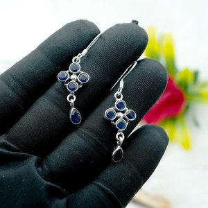 Natural <b>Blue</b> <b>Sapphire</b> Boho Style 925 Sterling Silver <b>Earrings</b> Wedding Gift for Her Featuring Gemstones - Product Image 3