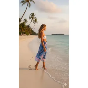 ผ้าซิ่นพิมพ์ลายบล็อกบากรู ผ้าคลุมชายหาด ปาเรโอ ขนาด 45x72 นิ้ว สีฟ้า/สีเขียวอมฟ้า/สีน้ำเงินล้วน - Product Image 6