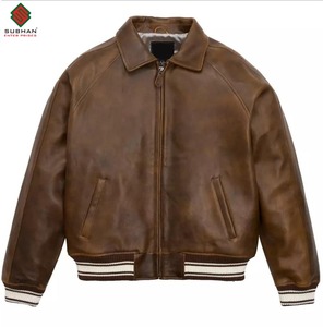 Blouson aviateur décontracté en cuir véritable pour homme avec fermeture éclair, motif uni, col mandarin, style Avirex - Product Image 3
