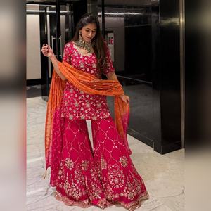 ชุดชารารา ซาลวาร์ กามีซ ผ้าจอร์เจต์หรูหรา พร้อมเสื้อปักลายด้วยด้ายอย่างดี และกางเกงชารารา ผ้าจอร์เจต์ พร้อมผ้าคลุมไหล่ สำหรับใส่เที่ยวแบบสบายๆ - Product Image 5