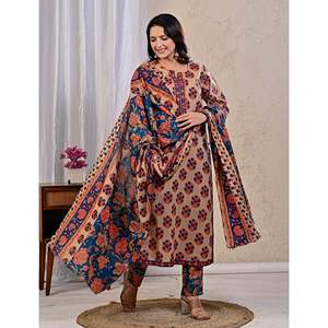 Beige Butta <b>Block</b> <b>Printed</b> Cotton Kurta Pant Set with Mulmul Dupatta Indian Style Ethnic Wear for Daily Party Occasions - Product Image 3