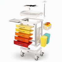 Chariot médical d'urgence professionnel moderne pour hôpital, avec verrouillage centralisé, en ABS, 5 tiroirs, support pour perfusion et étagère pour défibrillateur