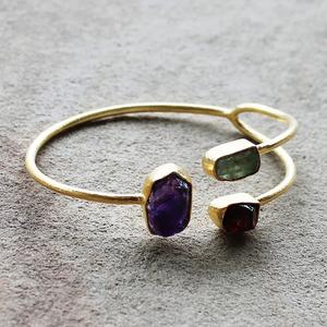 925 Sterling Silver Gold Plated <b>Raw</b> <b>Amethyst</b> Garnet Kyanite Cuff Bracelet Triple Gemstone Elegant Royal Style Cute Gift Jewelry - Product Image 2
