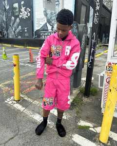 Traje de chándal de dos piezas de verano para hombre, pantalones cortos con cordón de lavado a la piedra lavado ácido, Sudadera con capucha y cremallera, logotipo gráfico bordado personalizado incluido - Product Image 2