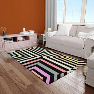 Alfombra a Rayas Coloridas, Alfombra con Estampado Digital Geométrico, Tapete con Líneas Negras Intensas, Alfombra de Chenilla - Product Image 3