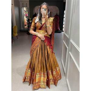 Precioso Lehenga de Algodón Zari Color Mostaza con Cinturón, Semi-Cosido, Talla Personalizada para Vestimenta de Boda - Product Image 3