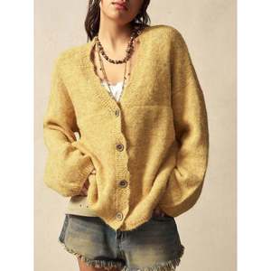 Cardigan en tricot à col en V surdimensionné jaune moutarde pour femmes, boutonné sur le devant, manches longues, pour l'hiver - Product Image 5