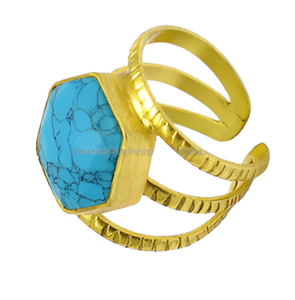 Anillo de Plata de Ley 925 con Turquesa Corte Hexagonal, Bañado en Oro, con Engaste Fino, Moderno, para Regalo de Boda o Fiesta, para Mujer - Product Image 5