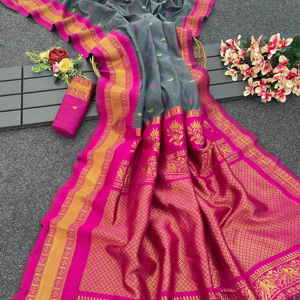 Sari de Algodón y Seda con Diseño Exclusivo y Blusa Elegante, Estilo Étnico, Última Moda India, Clásico para Fiestas, Ropa de Mujer - Product Image 1