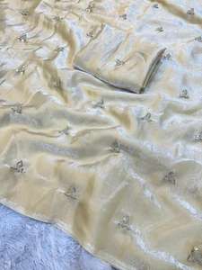 Sari Fendy para Mujer, Satén de Doble Tono, Hermoso Trabajo de Lentejuelas Zari y Flores Butti, Blusa de Contraste para Adultos - Product Image 2