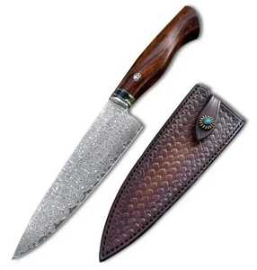 Cuchillo de Chef de Acero Inoxidable Hecho a Mano de Primera Calidad con Mango de Madera de Nogal y Funda de Cuero de Alta Calidad Ecológica - Product Image 1
