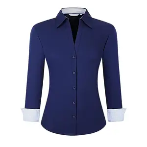 Vestido formal em branco para mulheres, camisas de manga comprida, uniforme de escritório formal, elástico fino, cor azul liso, para mulheres