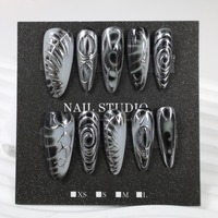 NBL-JX-250 Faux Ongles à Presser Spirale Noir et Blanc Gothique 30 Pièces, Design 3D Effet Encre et Épines, Réutilisables, Couverture Complète, Vente en Gros