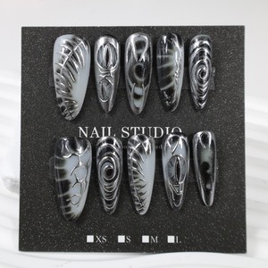 NBL-JX-250 Uñas Postizas Góticas en Espiral Blanco y Negro, 30 Piezas, Diseño 3D de Ojo y Espinas, Reutilizables, Cobertura Completa, Venta al Por Mayor - Product Image 2