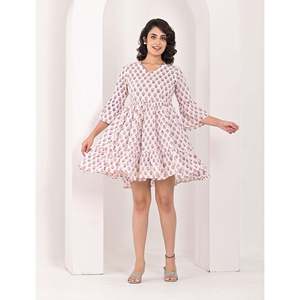 Robe en coton blanc sur mesure avec imprimé à blocs, taille élastique, style décontracté - Disponible en longueur genou ou longueur ras du sol - Product Image 5