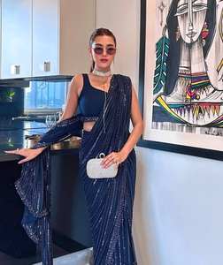 Sari de Georgette Azul Elegante de Excelente Calidad para Festivales, Bodas, Eventos Formales y Uso Diario, Disponible para Exportación - Product Image 2