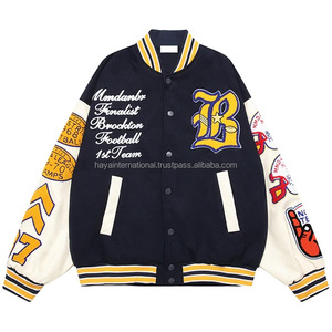 Chaqueta Varsity de Otoño para Hombre, Cuello Alto, Logotipo Bordado en la Parte Delantera, Cuerpo de Lana, Mangas de Cuero, Ecológica, Transpirable, Resistente al Viento, de Secado Rápido - Product Image 1