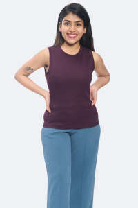 Vente chaude Côtelé Sans Manches Débardeur Femmes Vin Couleur Polyester Mélange Col Rond Stretch Tricot Personnalisable En Vrac De Haute Qualité - Product Image 3