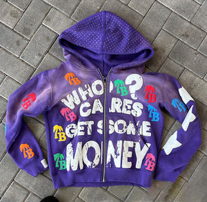 Sweat à capuche zippé de haute qualité en gros Streetwear impression de bulles manteau à capuche zippé lavé à l'acide avec strass personnalisé pour hommes - Product Image 4