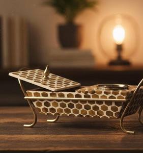 Premium Honeycomb Wooden <b>Bakhoor</b> <b>Burner</b> with Storage Compartment Luxury Arabic Incense Holder Tabletop Aromatherapy Gift Set - Product Image 6