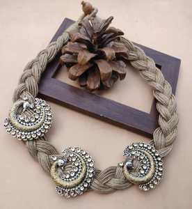 Doble tono Kundan piedra Pavo Real cara Chandbali diseñador colgante fiesta desgaste yute collar largo para mujeres y niñas collar único - Product Image 3