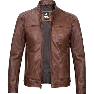 Veste chauffante à col en V zippé en cuir de mouton souple de haute qualité Unisexe Custom Retro-Style 'Stone Worn' Slim Fit Heavyweight Motorcycle - Product Image 2