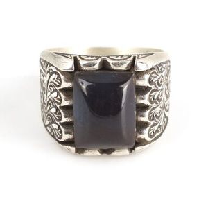 925 Sterling Silver Hand-Engraved Rectangular Men's <b>Ring</b> Geometric Pattern Pressed Amber Stone Rhodium Plated for Everyday Wear - Product Image 5