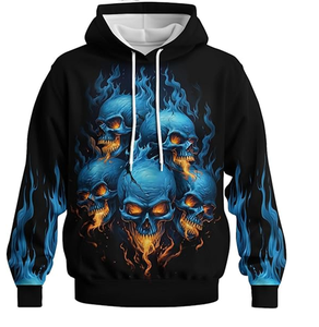 Sudadera con Capucha Gótica para Hombre, Estampado de Calaveras con Llamas Azules, Corte Regular, Tejido de Poliéster, Ropa de Otoño - Product Image 3
