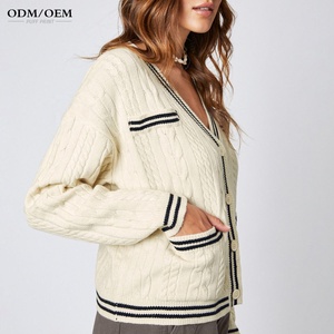 OEM Spring <b>Women</b> <b>Beige</b> V-neck Custom Logo Embroidery Cardigan Casual Loose Sweater Fashion Knitted <b>Jacket</b> Streetwear - Product Image 2
