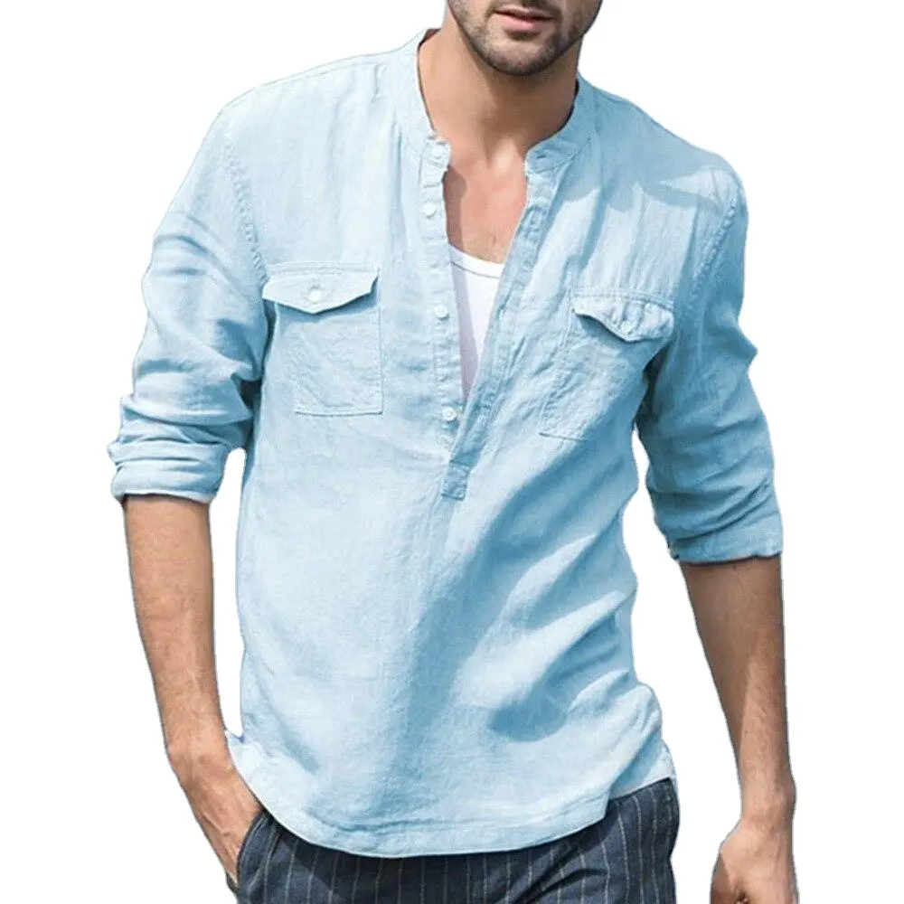 High Quality Solid Color Button Up Shirt Fasion Mens Long Sleeve Cotton Linen Shirts