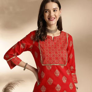 women ethnic Floral Motifs Printed Pure Cotton Kurta With <b>Trousers</b> indian pakistani salwaar kameez <b>suit</b> - Product Image 1