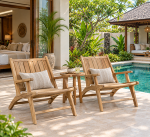 Chaise longue d'extérieur en teck massif avec table d'appoint ronde pour le bord de la piscine - Product Image 1
